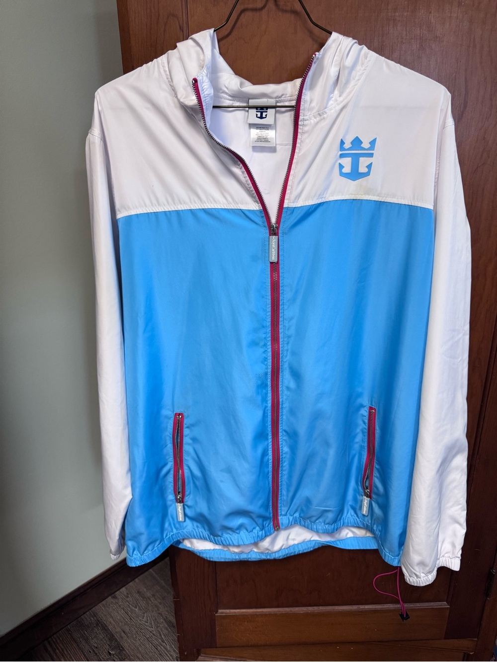 Light Blue and White Hooded Bomber Jacket with Contrast red Zipper